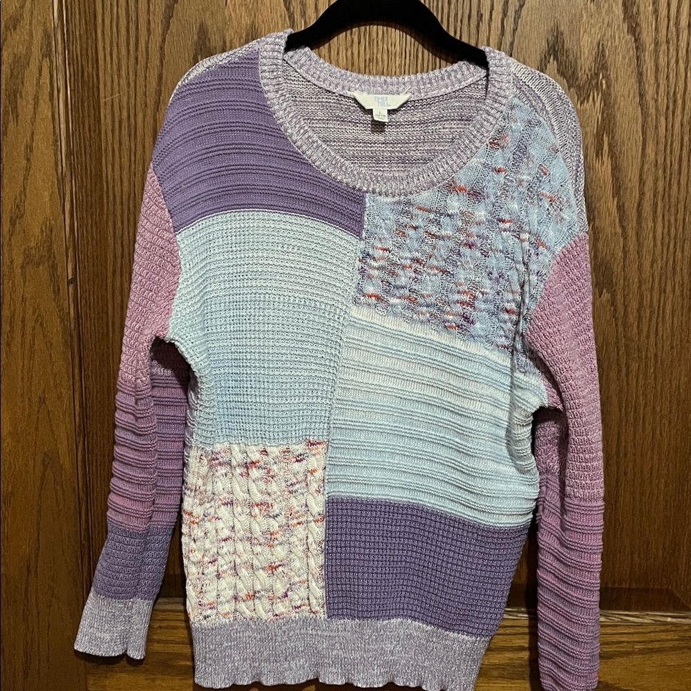 Time and Tru Women's Patchwork Sweater - Purple, Pink, Cream